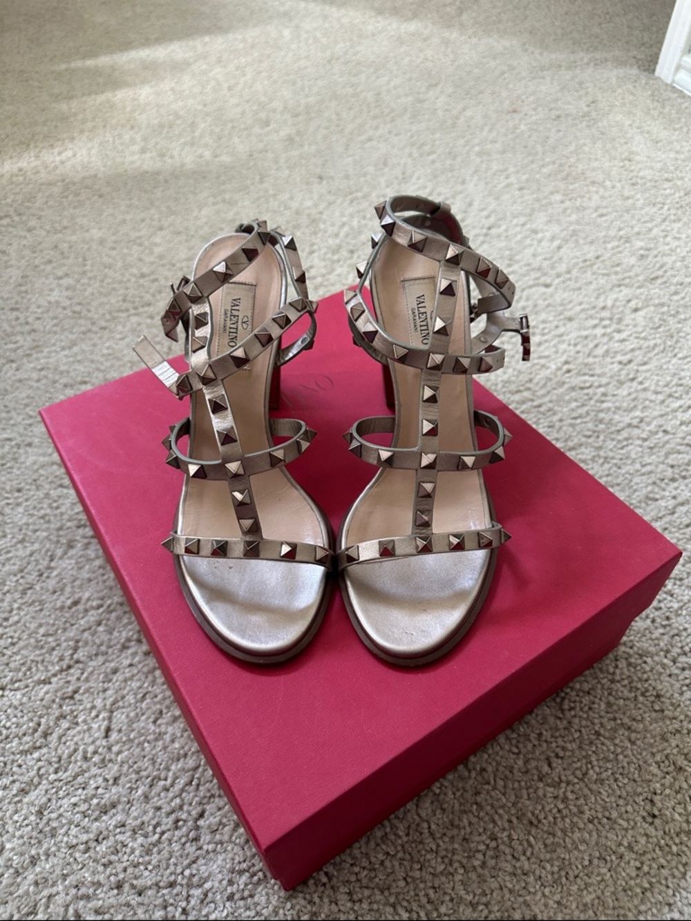 Valentino Gold Rockstud Multi-Strap Heeled Sandals